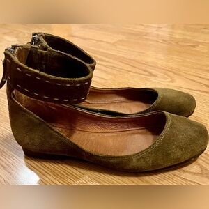 Frye Carson Olive Suede Women's Ballet Flats w/ Ankle Strap